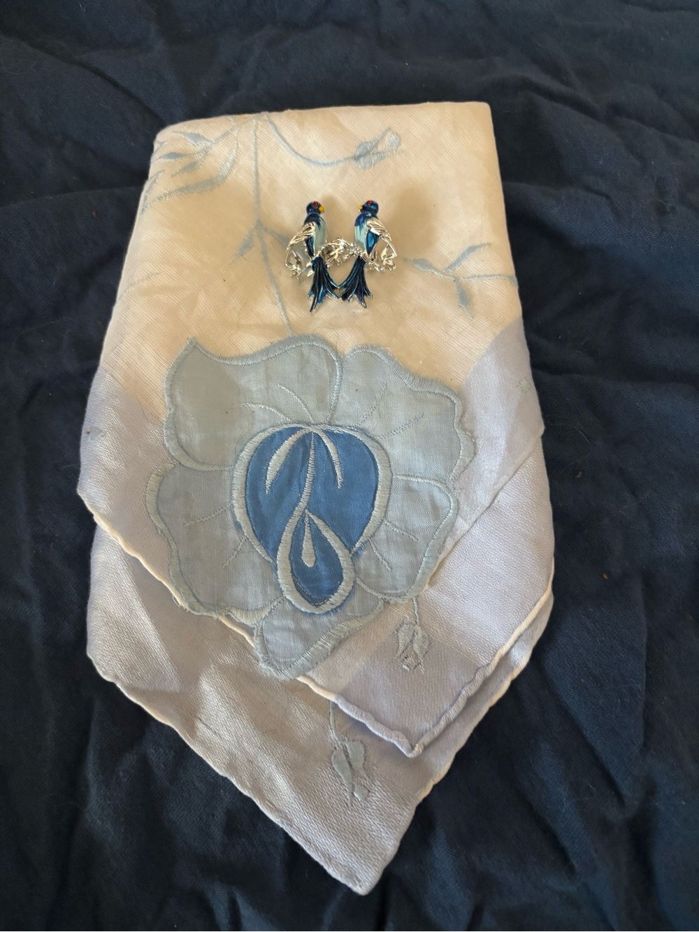 Vintage Blue Embroidered Silk Scarf with Blue Bird Brooch